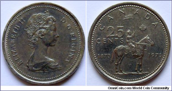 25 cents.
1973, Royal Canadian Mounted Police. Mounties Centennial (1873-1973)