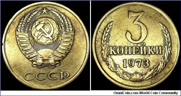 Russia - 3 Kopeks - 1973 - Weight 2,9 gr - Aluminum / Bronze - Size 22 mm - Ruler / Leonid Ilyich Brezhnev (1964-82) - Edge : Reeded - Reference Y# 128a (1961-91)