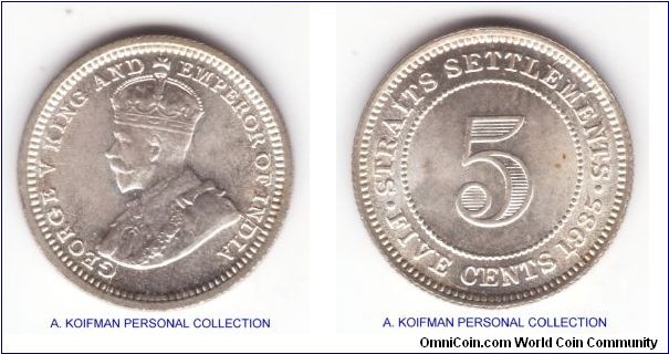 KM-36, 1935 Straits Settlements 5 cents; silver, reeded edge; nice uncirculated lustrous example with just a minor field toning on reverse