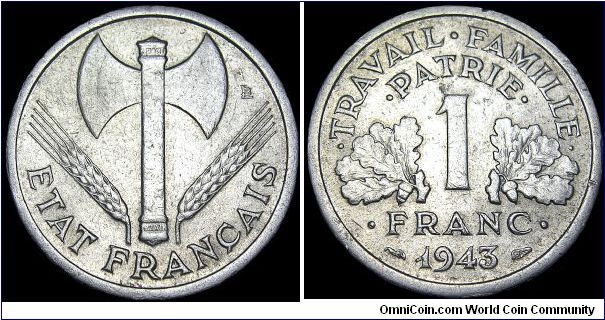 France - 1 Franc - 1943 - Weight 1,3 gr - Aluminum - Size 23 mm - Designer / Lucien Bazor - German occupatio WWII / Wichy State / Chief of the Frenche State / Philippe Pétain (1940-44) - Mintage 68 082 000 - Edge : Plain - Reference KM# 902.2 (1943-44)