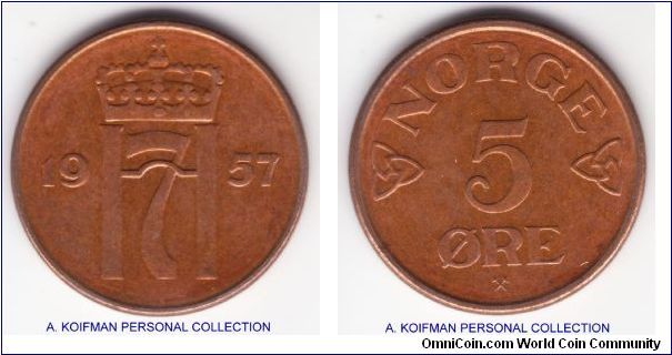 KM-400, 1957 Norway 5 ore; bronze, plain edge; appear to be uncirculated, no wear seen with the overall glossy toning, nice