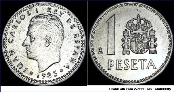 Spain - 1 Peseta - 1985 - Weight 1,2 gr - Aluminum - Size 21 mm - Ruler / Juan Carlos I (1975-) - Mintmark : Crowned M = Madrid - Mintage 220 065 000 - Edge : Plain - Reference KM# 821 (1982-89)
