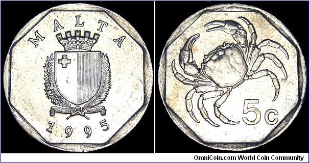 Malta - 5 Cents - 1995 - Weight 3,5 gr - Copper / Nickel - Size 20 mm - President / Ugo Mifsud Bonnici (1994-99) - Designer / Galea Bason - Edge : Reeded -Reference KM# 95 (1991-98)