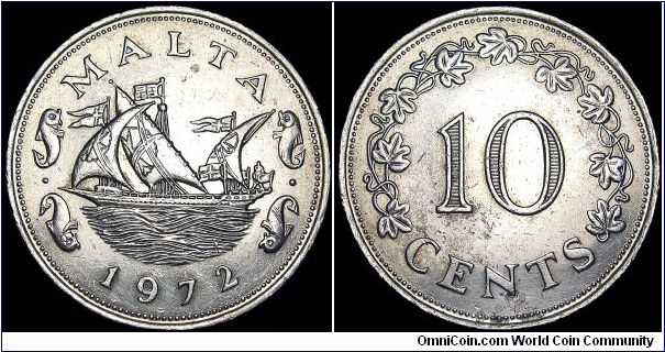 Malta - 10 Cents - 1972 - Weight 11,3 gr - Copper / Nickel - Size 28,5 mm - Queen of Malta / Elizabeth II (1964-74) - Obverse / Barge of the Grand Master - Mintage 10 680 000 - Edge : Reeded - Reference KM# 11 (1972-81)