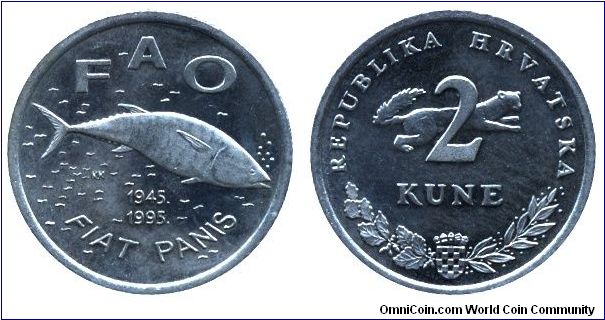 Croatia, 2 kune, 1995, Cu-Ni-Zn, 24.5mm, 6.2g, FAO, 1945-1995, FIAT PANIS, Tuna Fish.                                                                                                                                                                                                                                                                                                                                                                                                                               