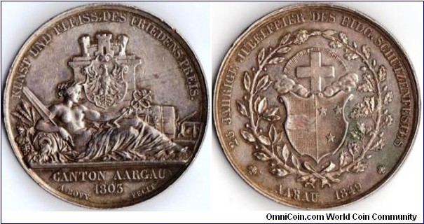 Swiss 'so called taler' minted to commemorate the shooting festival at Aarau in 1849. Engraved by Antoine Bovy. Only 1200 struck in silver.