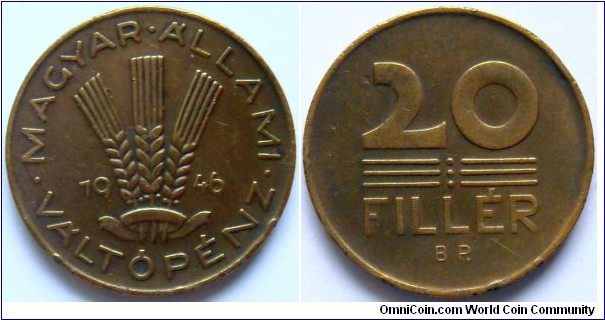 20 filler.
1946, Magyar Allami Valtopenz (aluminum-bronze)