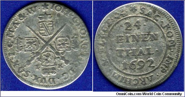 1/24 Thaler (Groschen).
Sachsen Kurfürstentum. Johann Georg IV (1691-1694). *I.K.*- mintmaster Johann Koch work on Leipzig mint in 1688-98. Ag. 