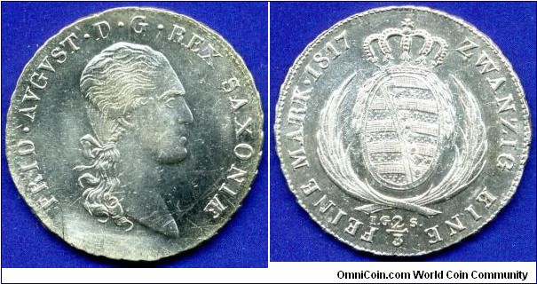 2/3 Thaler (Gulden).
Sachsen Königreich.
King Friedrich August I (1806-1827), von Sachsen.
*I.G.S.*- mintmaster Johann Gotthelf Studer, work on Dresden mint in 1812-32.


Ag833f. 14,031gr.