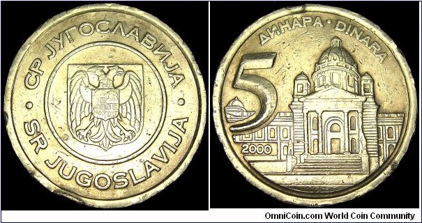 Yugoslavia - 5 Dinara - Weight 6,3 gr - Copper / Nickel / Zink - Size 24 mm - President / Slobodan Milosevic (1997-2000) - Mintage 32 762 500 - Edge : Reeded - Reference KM# 182 (2000)