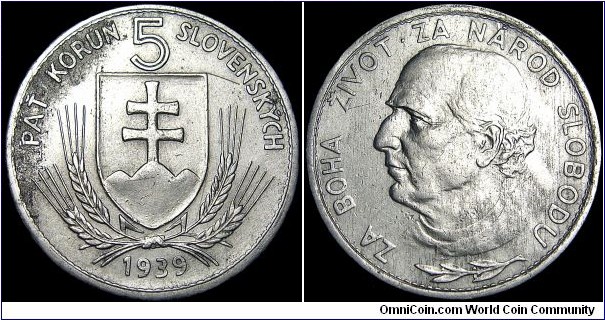 Slovakia - 5 Korun - 1939 - Weight 7,9 gr - Nickel - Size 27 mm - President / Jozef Tiso (1939-45) - Designer / Anton Ham / Andrej Peter - Mintage 5 101 000 - Note : Aproximately 2 000 000 pieces were melted down by the Czechoslovak National Bank - Edge : Milled - Reference KM# 2 (1939)