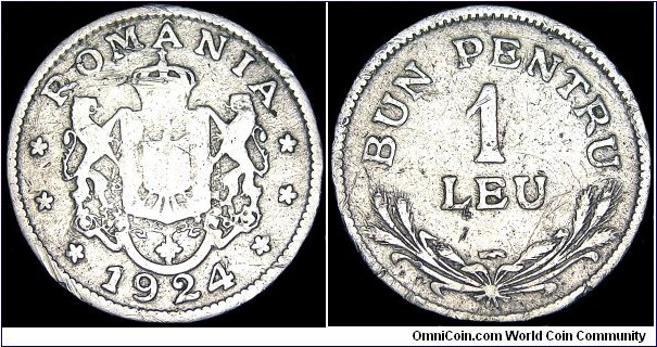 Romania - 1 Leu - 1924 - Weight 3,5 gr - Copper / Nickel - Size 21 mm - Ruler / Ferdinand I (1914-27) - Mintage 100 000 000 - Edge : Reeded - Reference KM# 46 (1924)