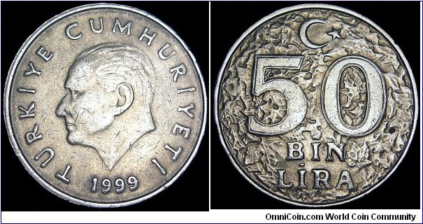 Turkey - 50 000 Lira / 50 Bin Lira - 1999 - Weight 11,4 gr - Copper / Nickel / Zink - Size 28 mm - Thickness 2,3 mm - Alignment Coin (180°) - Obverse / Head of Mustafa Kemal Atatürk - President / Süleyman Demirel (1993-2000) - Edge : T.C. and fleur-de-lis / repeated four times - Reference KM# 1056 (1996-2000)