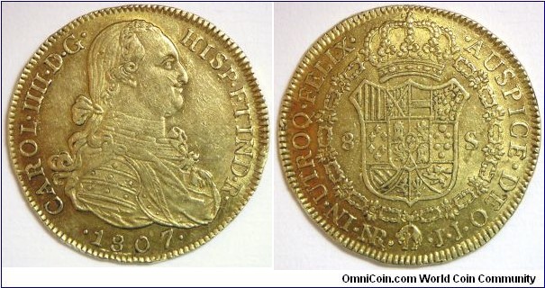 Spanish Colony Colombia, Charles IV, Nuevo Reino - Bogota Mint, 8 Escudos, 27.03g, 38mm, 0.875 Gold, 0.7614 oz. AGW. About EF.