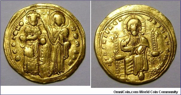 ROMANUS III Argyrus. 1028-1034. AV Histamenon 
                              Nomisma (4.41 gm, 6h). Constantinople mint. Christ 
                              enthroned facing / The Virgin crowning Romanus, 
                              who stands facing, wearing loros with six pellets, 
                              holding globus cruciger. DOC III 1b.10; SB 1819.
help me to identify this gold coin