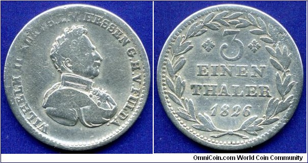 1/3 Thaler.
Hessen-Kassel.
Wilhelm II (1821-1847).
Mintage 280,000 units.


Ag625f. 8,50gr.