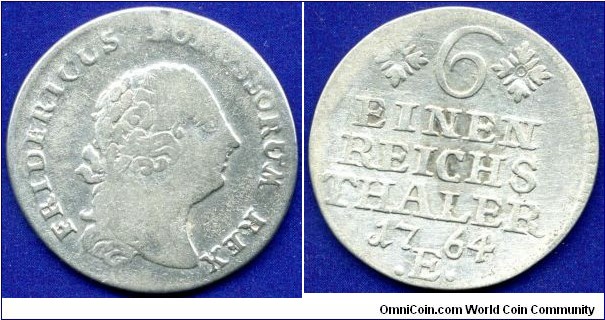 1/6 Reichsthaler.
Kingdom of Prussia.
Friedrich II (1740-1786), The Great.
*E*- Königsberg mint.


Ag521f. 5,34gr.