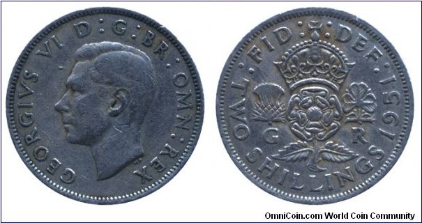 United Kingdom, 2 shillings, 1951, Cu-Ni, 28.52mm, 11.3g, King George VI.