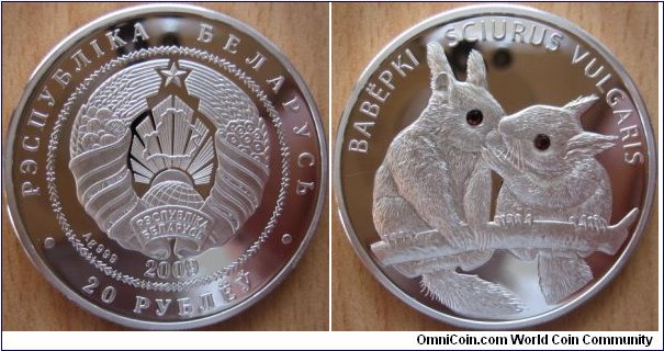 20 Rubles - Squirrels - 31.1 g Ag .999 Proof (with two Swarovski crystals) - mintage 5,000