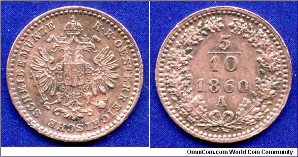 5/10 (1/2) neuekreuzer.
Austrian Empire.
Franc Ioseph I (1848-1916).
*A* - Wien mint.


Cu.