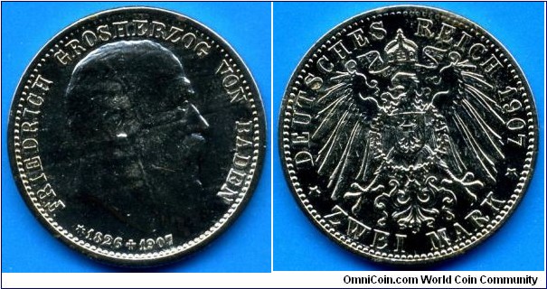 Postmorten 2 Mark.
German Empire.
Duchy of Baden.
Death of Ducke Friedrich.
Stamp shine.
Mintage 350,000 units.


Ag900f. 11,111gr.