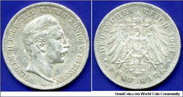 5 Mark.
German Empire.
Prussia.
Wilhelm II (1888-1918).
*A*- Berlin mint.
Mintage 668,000 units.


Ag900f. 27,77gr.
