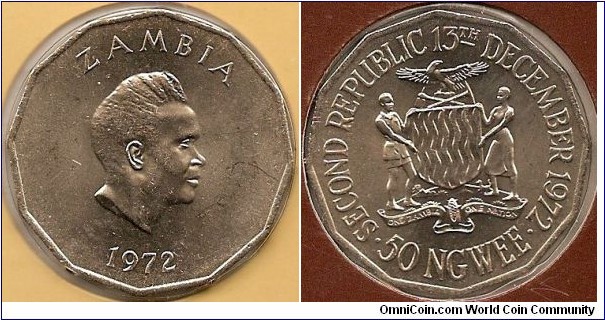 50 ngwee
Kenneth Kaunda
Second Republic 13th December 1972
copper-nickel
designer: Norman Sillman