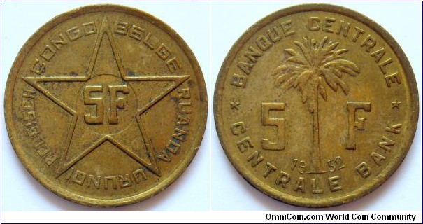5 francs.
1952, Ruanda Urundi.
Belgian Congo.