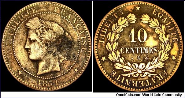 France - 10 Centimes - 1871 - Weight 9,5 gr - Bronze - Size 30,2 mm - President / Adolphe Thiers (1871-73) - Edge : Plain - Reference KM# 815.1 (1871-98)