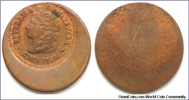 Guatemala Uniface Pattern in Copper of a Gold 5 Pesos 1874. Struck off center. Similar to KM# 198. Probably unique.