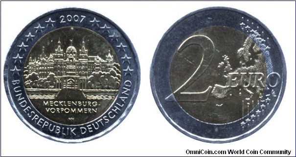 Germany, 2 euros, 2007, Cu-Ni-Ni-S, bi-metallic, 25.75mm, 8.5g, Stuttgart Mint (F), Mecklenburg-Vorpommern.