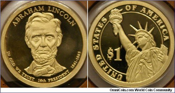 Abraham Lincoln, 16th presidential dollar coin. 26.5 mm, Manganese-Brass (Cu, Zn, Mn, Ni) 