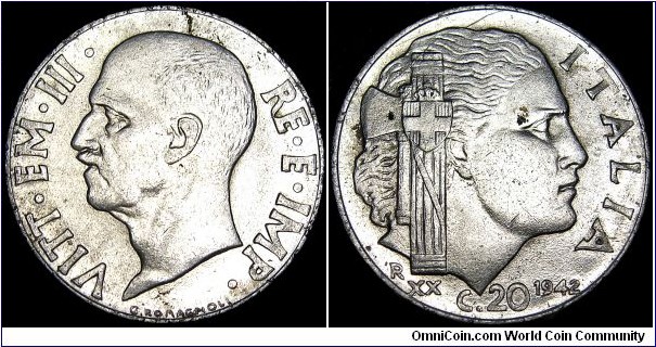 Italy - 20 Centesimi - 1942 - Weight 4,1 gr - Stainless steel - Size 21,8 mm - Ruler / Vittorio Emanuele III (1900-1946) - Mintage 97 300 000 - Edge : Reeded - Note : Magnetic - Reference KM# 75b (1939-43)
