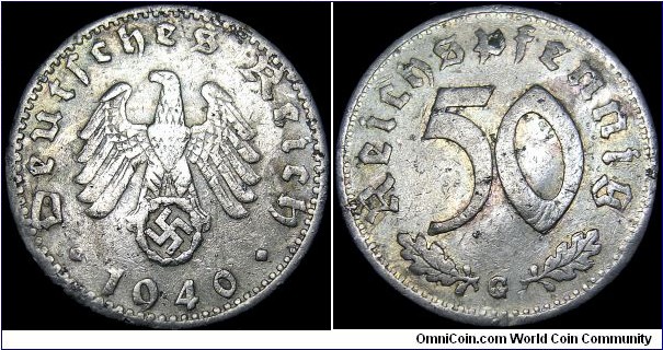 Germany - Third Reich - 50 Reichspfennig - 1940 - Weight 1,3 gr - Aluminum - Size 22,5 mm - Führer / Adolf Hitler (1934-45) - Mintage 5 616 000 - Mint Mark G = Karlsruhe - Edge : Reeded - Reference KM# 96 (1939-44)