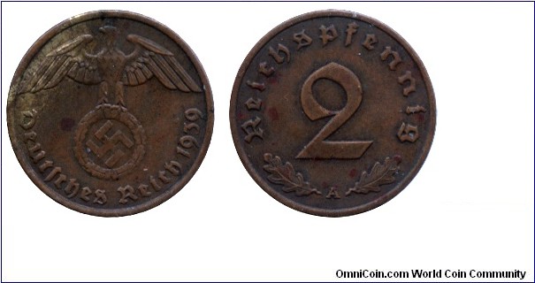 Germany, 2 pfennig, 1939, Bronze, MM: A (Berlin), Swastika.