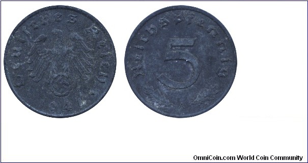 Third Empire, 5 pfennig, 1941, Zn, Eagle sitting on Swastika.