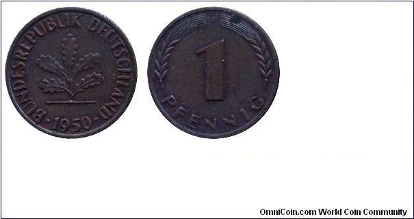 Germany, 1 pfennig, 1950, Bronze-Steel, MM: J (Hamburg), Oak.
