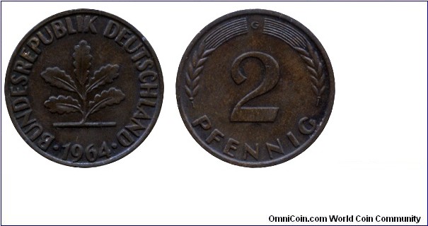 Germany, 2 pfennig, 1964, Bronze, MM: G (Karlsruhe), Oak.
