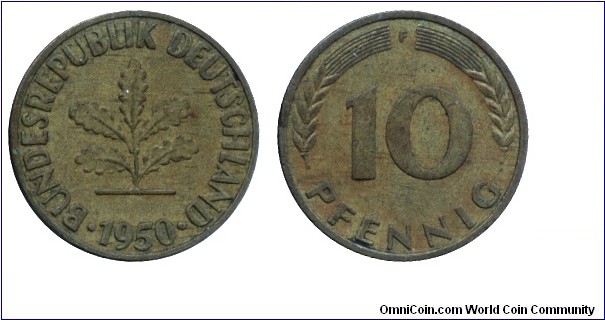 Germany, 10 pfennig, 1950, Brass-Steel, MM: F (Stuttgart), Oak.