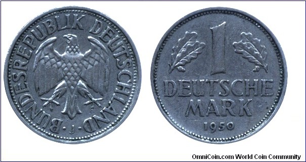 Germany, 1 mark, 1950, Cu-Ni, MM: J (Hamburg), Eagle.