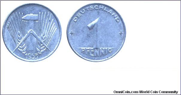 East Germany, 1 pfennig, 1953, Al, MM: A (Berlin).
