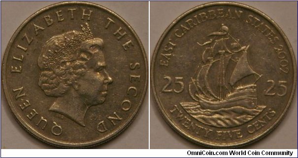 25 cents.  kept same image of Sir Francis Drakes’ ship, the Golden Hind as used when known as the Eastern Group. 24 mm 