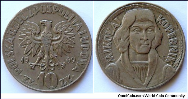 10 zlotych.
1969, Mikolaj Kopernik. Cu-ni. Weight 9,5g.
Diameter 28mm.
Reeded edge. Mintage 8.612.000 units.