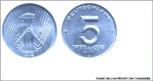 East Germany, 5 pfennig, 1952, Al, 19mm, 1.1g, MM: A (Berlin).