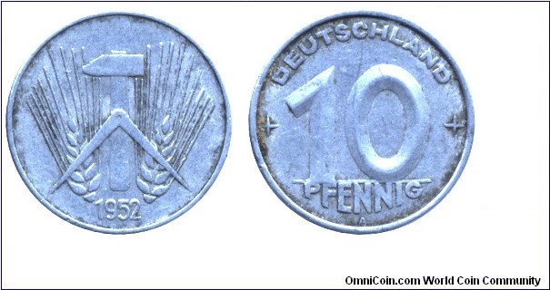 East Germany, 10 pfennig, 1952, Al, 21mm, 1.5g, MM: A (Berlin).
