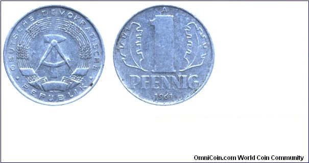 German Democratic Republic, 1 pfennig, 1961, Al, 17mm, 0.75g, MM: A (Berlin).
