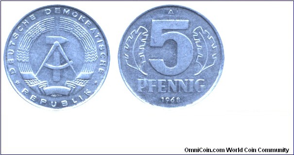 German Democratic Republic, 5 pfennig, 1968, Al, 19mm, 1.1g, MM: A (Berlin).
