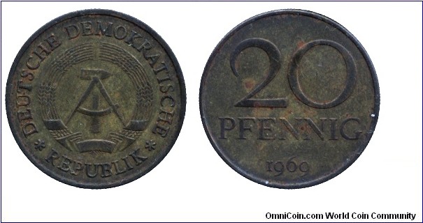 German Democratic Republic, 20 pfennig, 1969, Al-Bronze, 22.3mm, 5.4g.