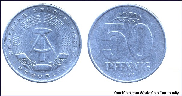 German Democratic Republic, 50 pfennig, 1958, Al, 22.93mm, 1.93g, MM: A (Berlin).