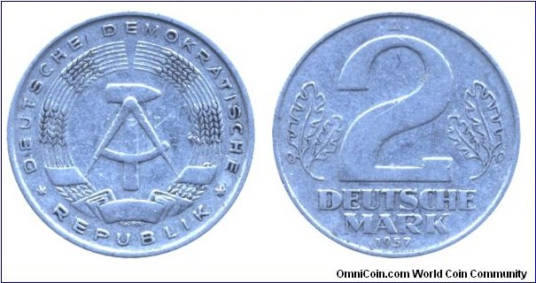 German Democratic Republic, 2 mark, 1957, Al, 27mm, 3g, MM: A (Berlin).